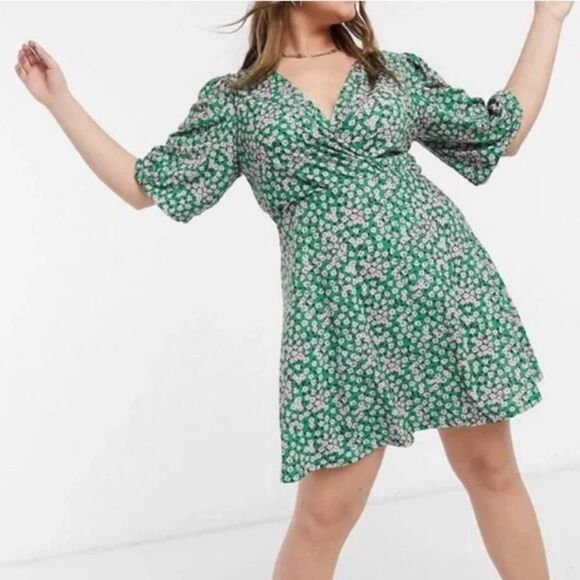ASOS Curve Green Floral Mini Tea Dress‎ Size 22 - Picture 1 of 8
